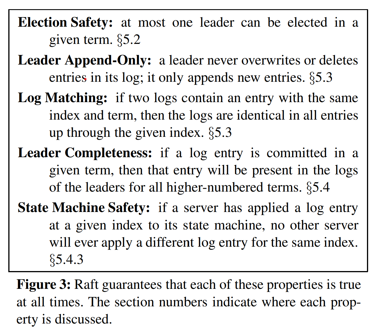 图3 Raft在所有时刻都保证这些性质的每一条都成立。章节号表示每条性质将在哪一节中讨论。